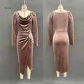 Elegant brown velvet long sleeve dress with ruched detail and split hem side view - S / Dresses / Brown