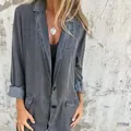 Casual loose grey denim blazer for women with notched lapel and autumn style - 3XL / Tops / Gray