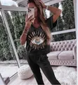 Women's summer two-piece casual outfit with a gold sequined Evil Eye pattern on the top - S / Top And Bottom / Black