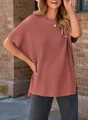 Women's rose pink knit t-shirt with loose drop shoulder design and round neck line. - S / Tops / Brick Red