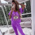 Women's summer purple leisure set with sequin evil eye pattern details - Purple