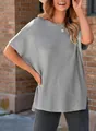Casual gray knitted short sleeve top for women with drop shoulders and side slit detail - S / Tops / Light Gray