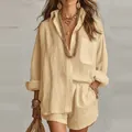 Ensemble deux pièces femme en lin mélangé avec une chemise oversize et un short - Jaune