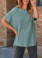 Casual sage green ribbed knit short sleeve top with a drop shoulder design for women - Emerald