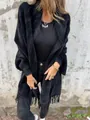 Elegante cárdigan tipo chal de punto afelpado negro con detalle de flecos bohemios - S / Tops / Negro