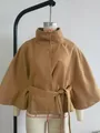 Elegant camel wool blend cape coat featuring stand collar and waist belt for women - S / Tops / Khaki