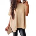 Women's casual loose-fit ribbed knit short sleeve T-shirt with round neck in beige - S / Tops / Khaki