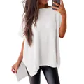 Loose-fitting white ribbed knit short sleeve T-shirt with a stylish round neck for women - White