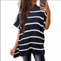 Casual women's navy blue striped crewneck knit T-shirt with loose drop shoulder - Navy Striped