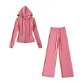 Detailed layout of pink sportswear set including slim zip-up hoodie and wide-leg trousers - Rose Pink Set