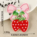 Embroidered strawberry patch with pink bow and flower detail, 6x4.6cm size - Strawberry Bow / Self-adhesive