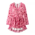 Detail view of pink floral long-sleeved dress with ruffled hem and jewel buttons - S / Pink