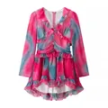 Detail of long-sleeved tie-dye dress with ruffled neckline and high-low hemline. - S / Red and Blue