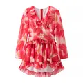 Detail view of pink floral ruffled mini dress featuring long sleeves and sweet V-neckline - S / Red