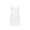 Elegant white sleeveless corset bodycon mini dress with draped ruched skirt detail - White
