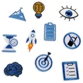 Set of creative blue embroidered iron-on patches with rocket and hourglass designs - 10 Pieces Set