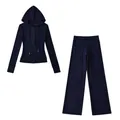 Full set of navy blue warm tracksuit featuring slim zip-up hoodie and wide-leg pants - S / Top And Bottom / Navy Blue Set