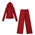 Red German velvet two-piece sports set with zip-up hoodie and wide-leg pants - Wine Red Set