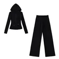Front view of black thermal yoga set featuring zip-up hoodie and wide-leg trousers - S / Top And Bottom / Black Zirconia Set