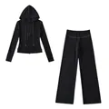 Detailed product view of black slim-fit zip-up hoodie and wide-leg yoga pants set - S / Top And Bottom / Dark Grey Set
