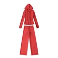 Vooraanzicht van het rode katoenen trainingspak voor dames met hoodie met rits en wijde pijpen - S / Boven- En Onderstuk / Rood