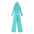 Detailweergave van een cyaan tweedelige yogaset met jack met capuchon en wijde pijpen - S / Boven- En Onderstuk / Meer Groen