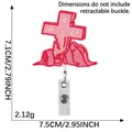 Ausziehbarer Ausweishalter mit einem rosa bestickten Kreuz- und Gebirgsmotiv-Design - Kreuz und Stein Stil (1)