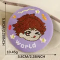 Round purple embroidered anime character badge pin with World text, 5.8cm diameter size - Purple Anime Boy (World) / 1 Piece/Pack