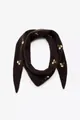 Detailed close-up view of dark brown knitted head kerchief featuring floral embroidery - Brown Scarf