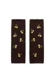 Detailed macro view of dark brown knit arm warmers with yellow floral embroidery - Brown Arm Sleeves
