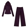 Dark purple Dralon sports set: slim zip-up hoodie and wide-leg pants for winter - S / Top And Bottom / Plum Purple Set