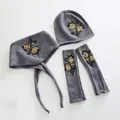 Grey wool winter accessory set including hat, earmuffs, and sleeves with gold embroidery - Beaded Three-Piece Set