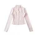 Vista dettagliata di una giacca da yoga rosa slim con zip e fori per i pollici - Taglia S / Top / Rosa chiaro