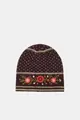 Detailed view of floral embroidery on a dark brown knit beanie hat for winter - Embroidered Hat 1
