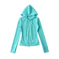 Slim fit turquoise yoga sweatshirt met capuchon en rits voor dames van zacht katoen - S / Tops / Meer Groen