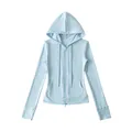Aansluitende lichtblauwe yoga-hoodie met rits voor dames van zacht katoen materiaal - S / Tops / Lichtblauw