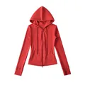 Dames slim fit rode hoodie met rits van lichtgewicht katoen voor yoga en dagelijks gebruik - S / Tops / Rood