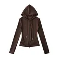 Dames slim fit hoodie met rits in effen bruin katoen voor yoga en dagelijks gebruik - S / Tops / Bruin