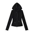 Klassieke zwarte slim fit hoodie met rits voor dames van lichtgewicht katoenen stof - S / Tops / Zwart