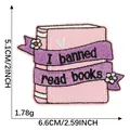 Embroidered cartoon book patch with I banned read books text, 5.1cm x 6.6cm dimensions - Pink Book (I banned read books) / Hot Melt Adhesive Backing