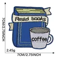 Cartoon book and coffee cup embroidered iron-on patch for clothing, 7x7cm 2.75 inch size. - Dark Blue Book & Coffee (Read books & coffee) / Hot Melt Adhesive Backing
