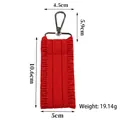 Red pleated fabric strap keychain for bags and luggage with dimensions shown. - Red
