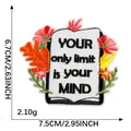 Cartoon book embroidered patch with floral decor and motivational quote, 7.5x6.7cm - Mind Limits Book (YOUR only limit is YOUR MIND)