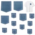 Set of dark blue denim faux pocket iron-on embroidery patches for clothes decor - Set of 5
