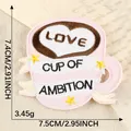 Ροζ κεντημένο σήμα κούπας καφέ με κείμενο Love Cup of Ambition και κίτρινα αστέρια - Ροζ Φλιτζάνι Καφέ (Νο.3) / 7.5x7.4cm