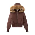 Giacca imbottita marrone da donna con ampio collo in finta pelliccia e cappuccio - XS / Top / Marrone scuro