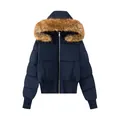 Piumino con cappuccio blu scuro da donna con bordo in pelliccia e cerniera anteriore - XS / Top / Blu scuro