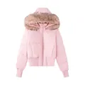 Elegante piumino rosa con cappuccio in ecopelliccia e chiusura frontale con zip sicura - XS / Top / Rosa