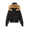 Elegante piumino nero da donna con cappuccio e collo in pelliccia sintetica e zip - XS / Top / Nero