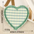 Heart-shaped gingham iron-on embroidered patch in green and cream checkers, 4cm x 4cm. - Green Yellow Heart (4) / Green and Yellow Plaid